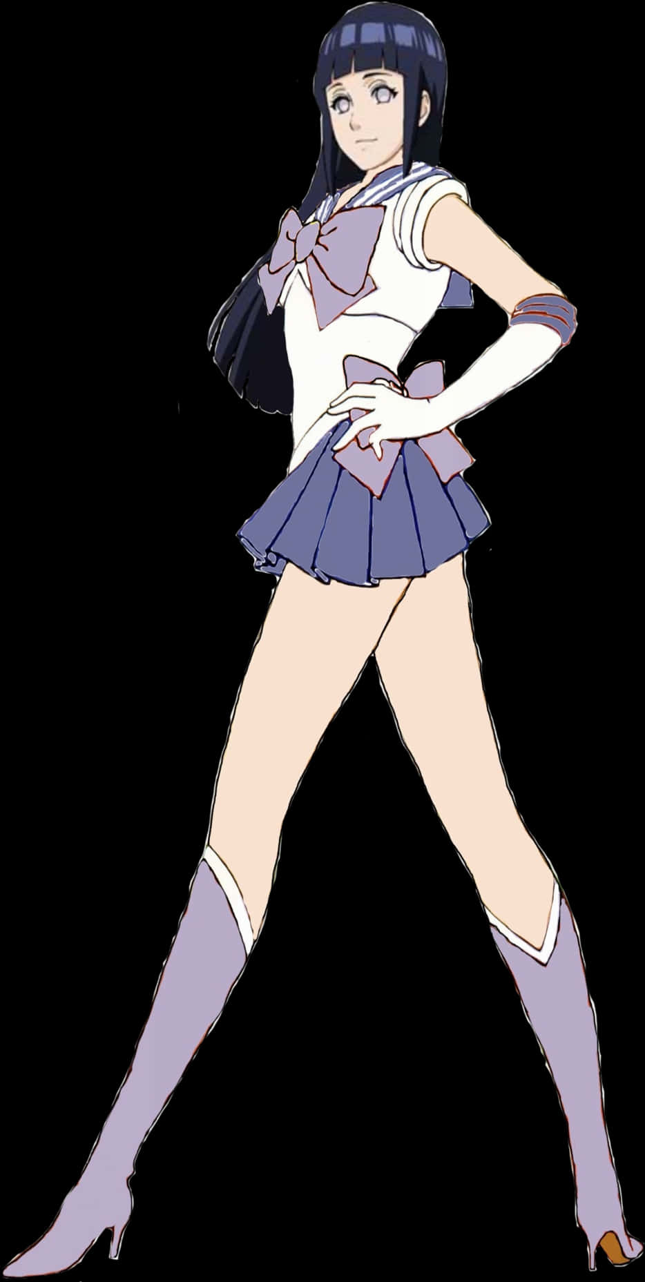 水手服動漫角色 壁紙 — 穿著水手服、繫著紫色蝴蝶結和過膝靴的動漫女孩在黑色背景前自信地擺姿勢。