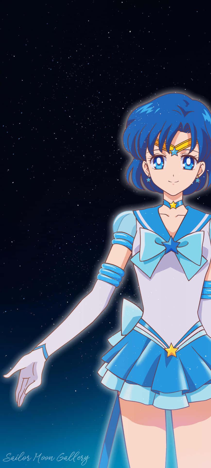 Sailor Mercury 身穿藍色水手服，背景為繁星點點的夜空