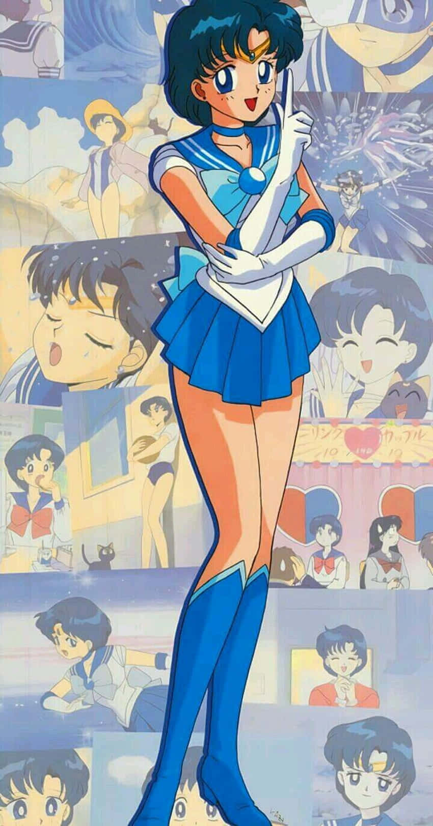 美少女戰士穿著藍色水手服與朋友們在動漫拼貼背景中擺姿勢。