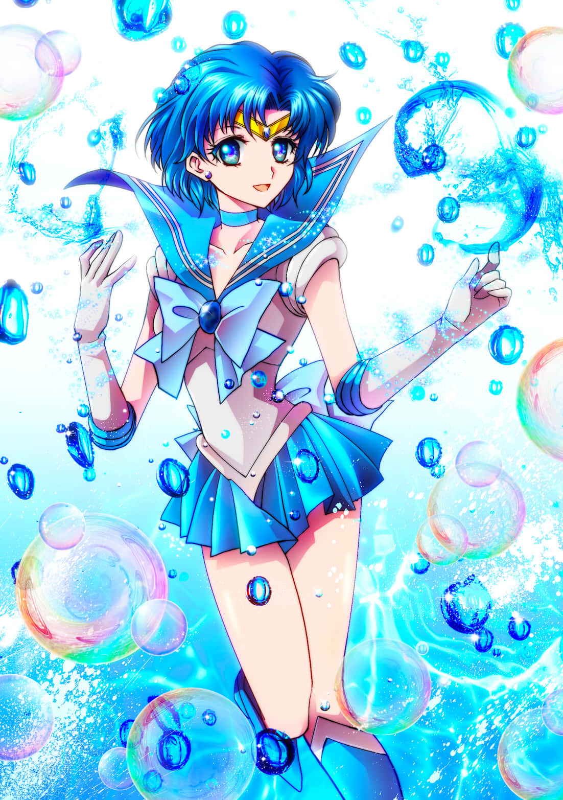 水手水星周圍閃爍氣泡 壁紙 — 穿著藍色水手服的動漫女孩，在明亮的水生場景中被閃閃發光的彩色氣泡包圍。