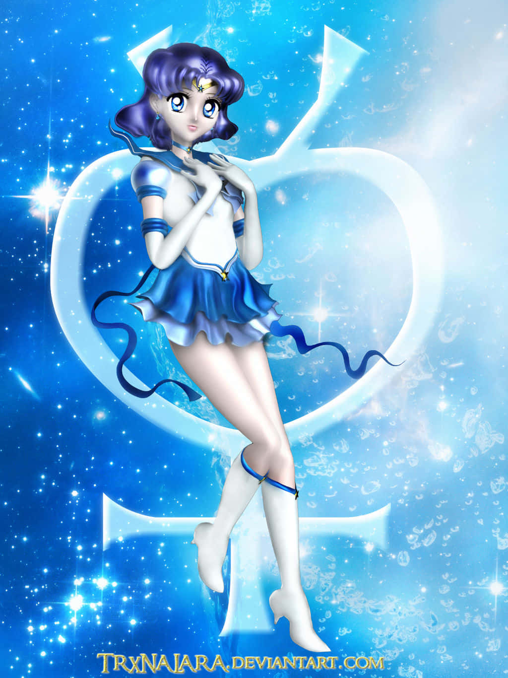 穿著藍色水手服的動漫少女被發光的愛心和星星環繞。