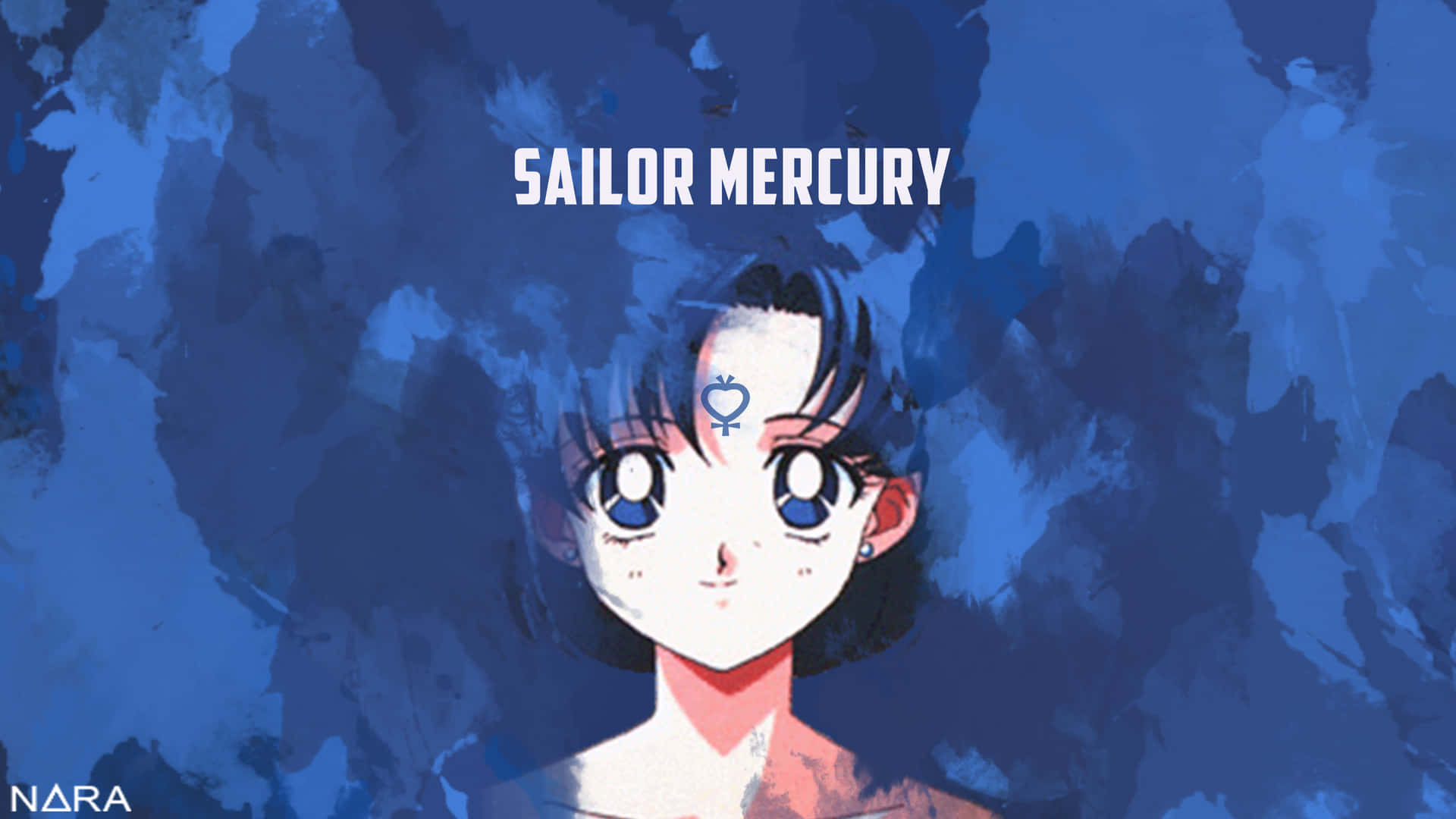 動畫角色 Sailor Mercury，藍色眼睛，黑色短髮，背景為藍色水彩。