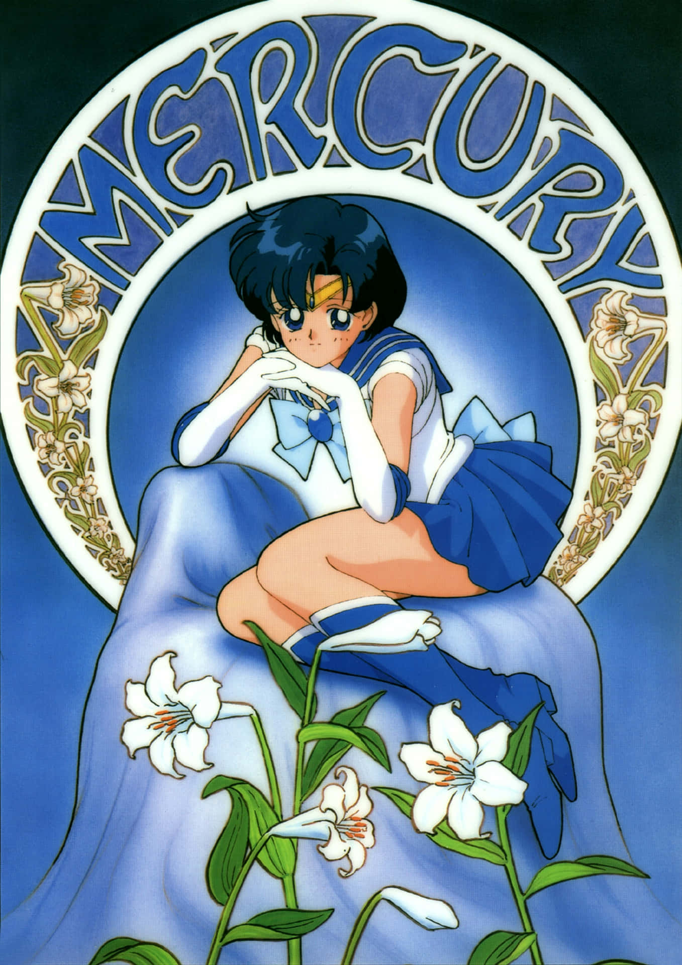 Sailor Mercury 身穿藍色水手服，在華麗的圓形框架中被白色百合花環繞。