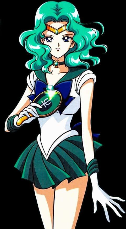 水手海王動畫肖像 壁紙 — 動畫角色 Sailor Neptune 擁有藍綠色頭髮和綠色水手服，在黑色背景前拿著發光的鏡子。