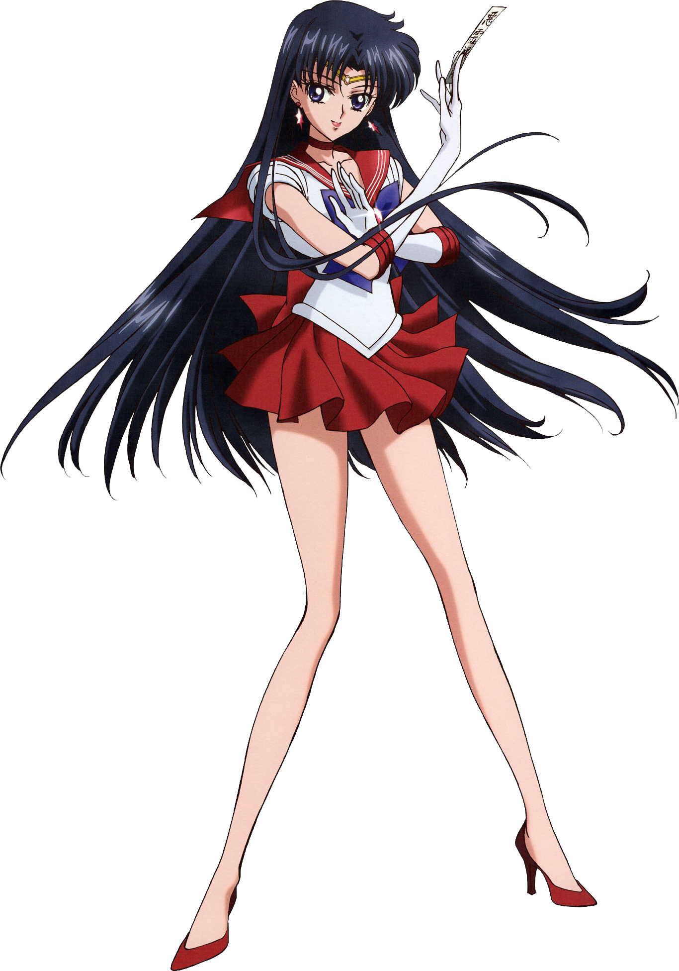 水手火星動漫角色 壁紙 — 動畫角色 Sailor Mars 身穿紅白制服，手持權杖，站在純白背景前。