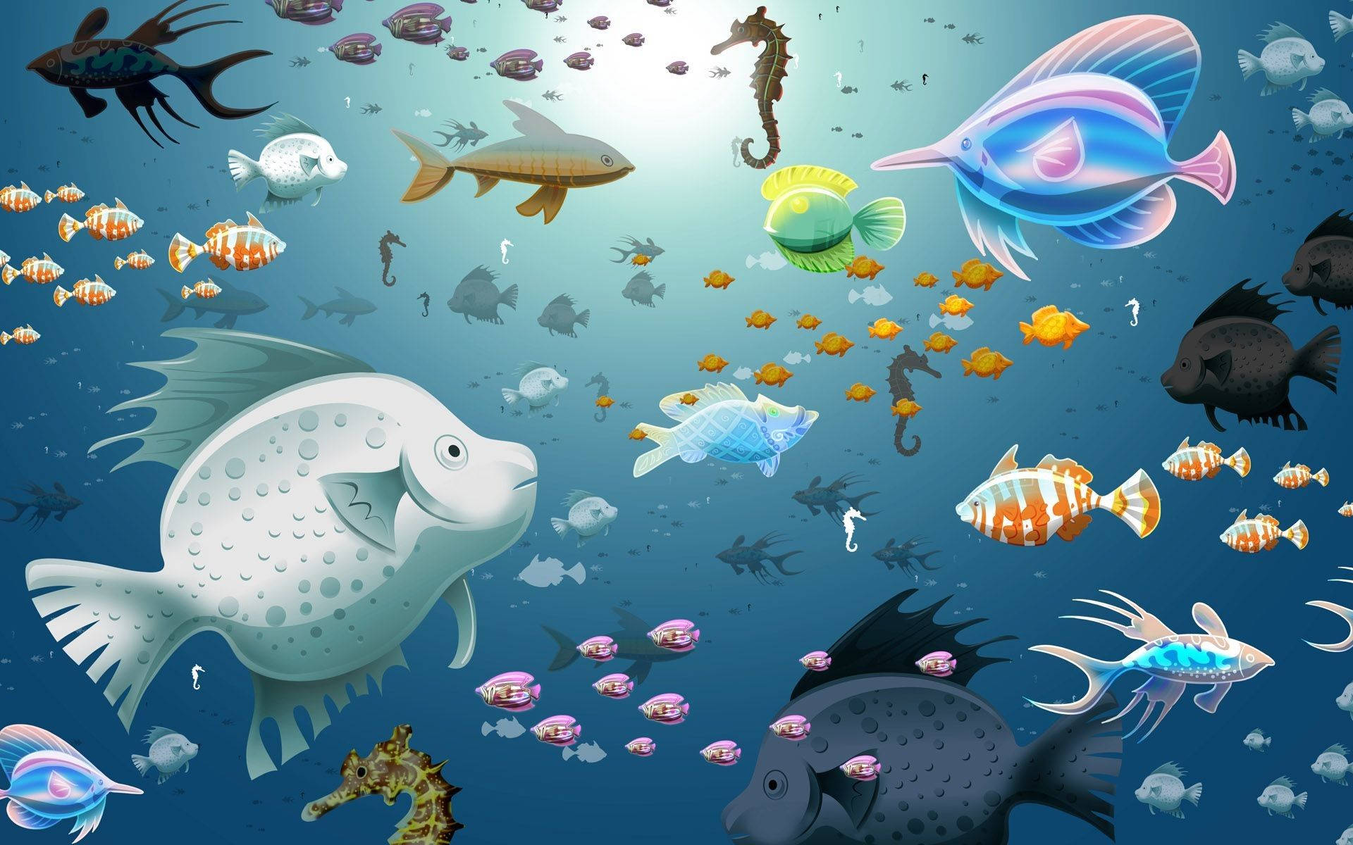 水族箱中的動態海洋生物 壁紙 — 色彩繽紛的卡通魚和海馬在陽光普照的藍色海洋中暢游，海洋生物豐富多彩。