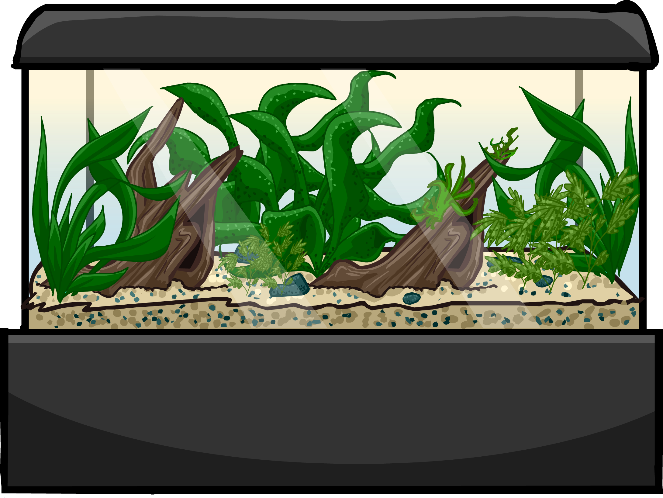 水族箱中的水草與漂流木佈置.PNG 壁紙 — 一個充滿活力的卡通風格水族箱，沙床上佈滿茂盛的綠色植物和浮木。
