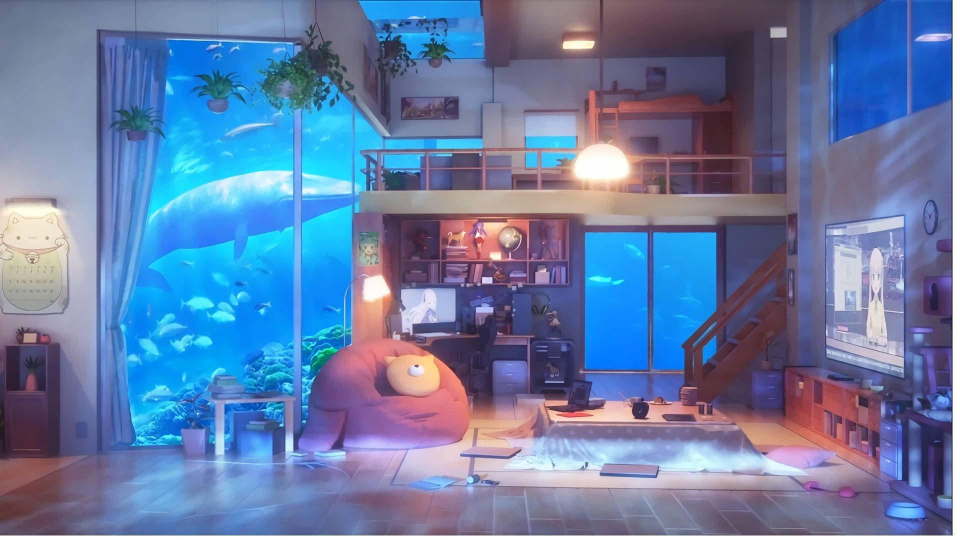 水族箱動漫房間 壁紙 — 一個舒適的閣樓公寓，設有巨大的水族牆，展示鯨魚和魚類，發光的燈光和豆袋椅。