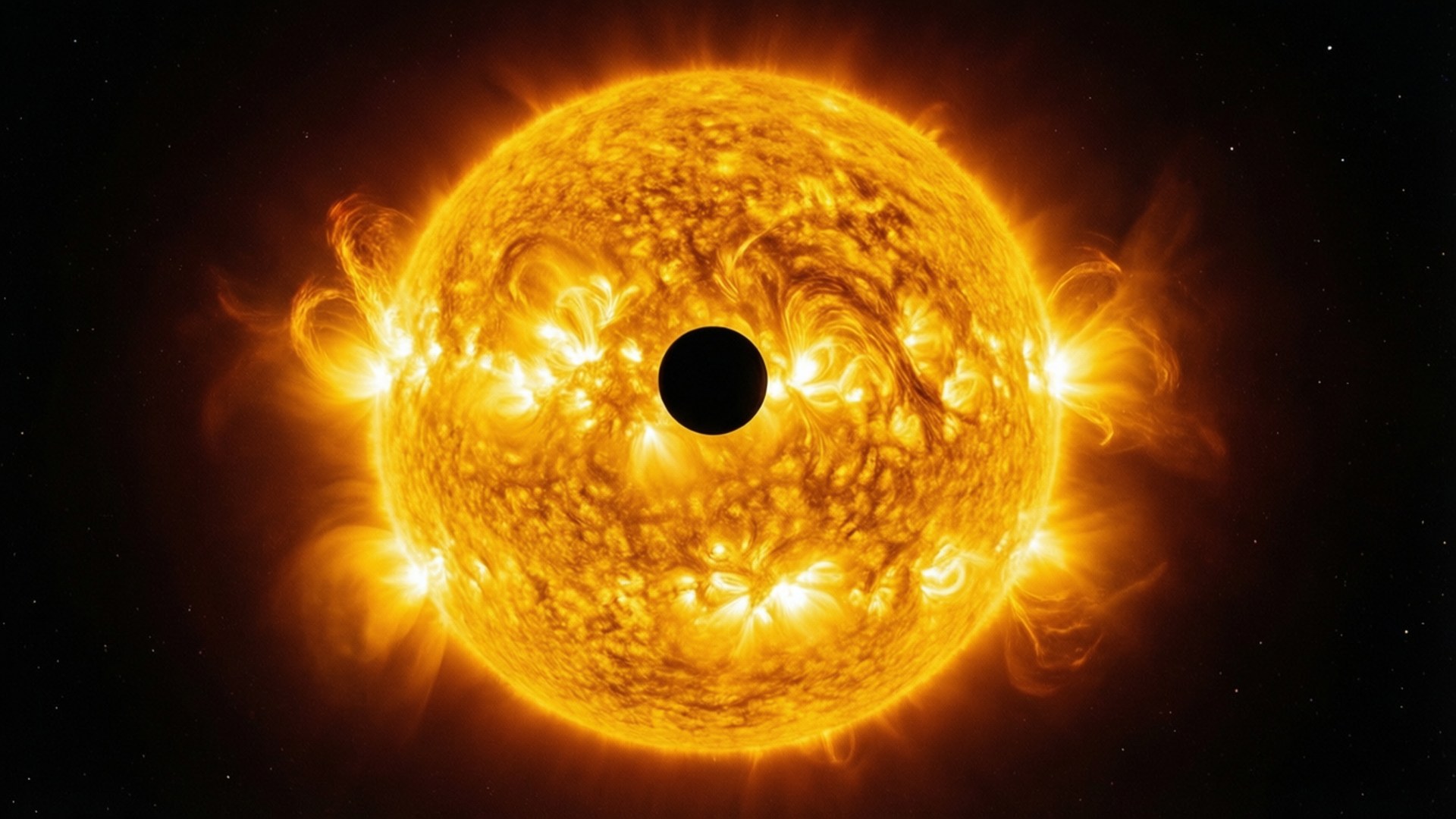 行星凌越太陽，太陽耀斑在太空中爆發。