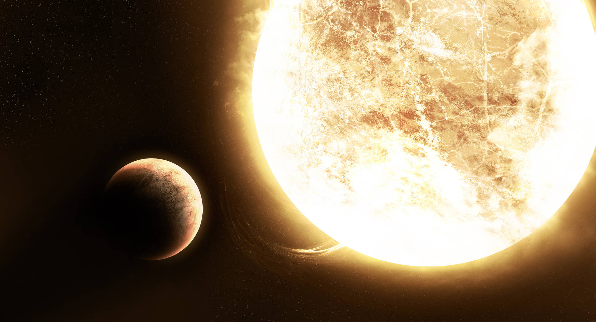 一顆小行星在浩瀚太空中繞著一顆明亮發光的太陽運行。