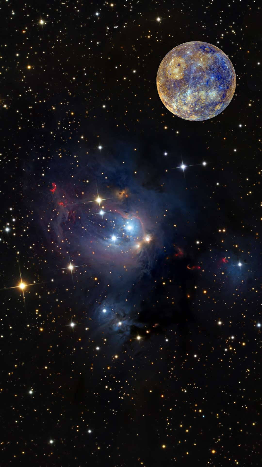 一個發光的宇宙星雲，太空中有一顆行星，周圍環繞著星星。