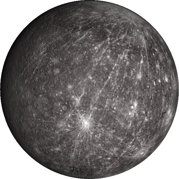 水星表面紋理 壁紙 — 水星佈滿隕石坑表面的詳細灰階視圖，帶有明亮的射線系統和一個突出的撞擊盆地。