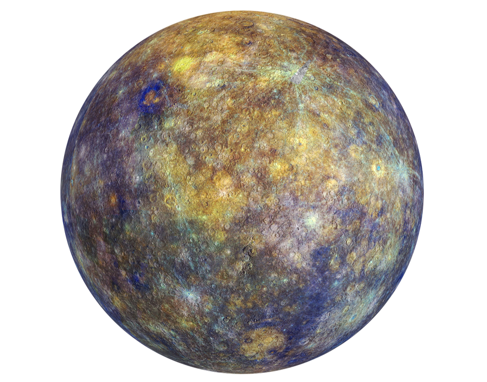 水星表面紋理 壁紙 — 水星坑洞表面的詳細視圖，帶有金色和藍色調，背景為純白色。