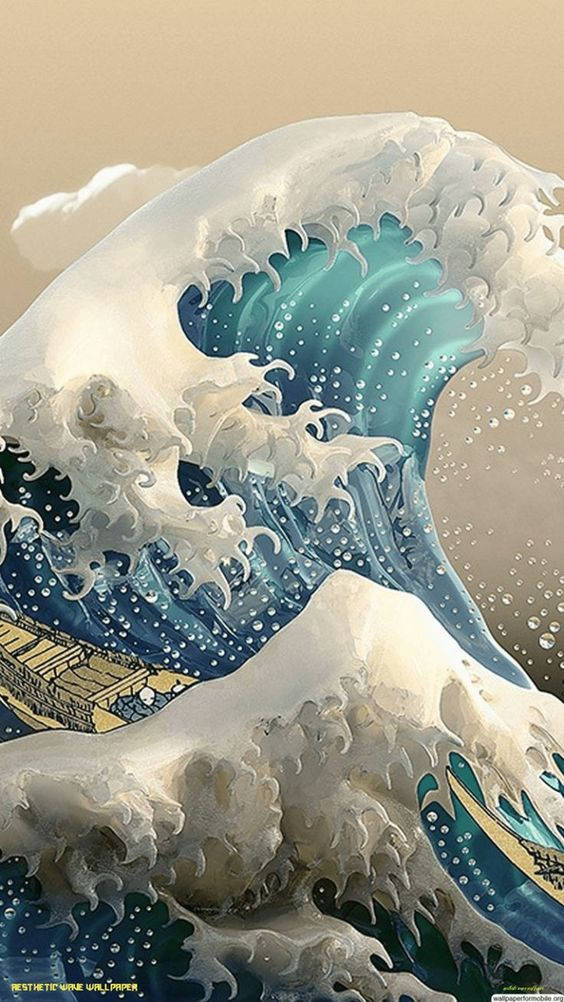 水景卡通畫 壁紙 — 一道高聳的波浪，帶有泡沫般的白色浪花和深藍綠色的海水，在風格化的日本木版畫中衝擊著一艘小船。