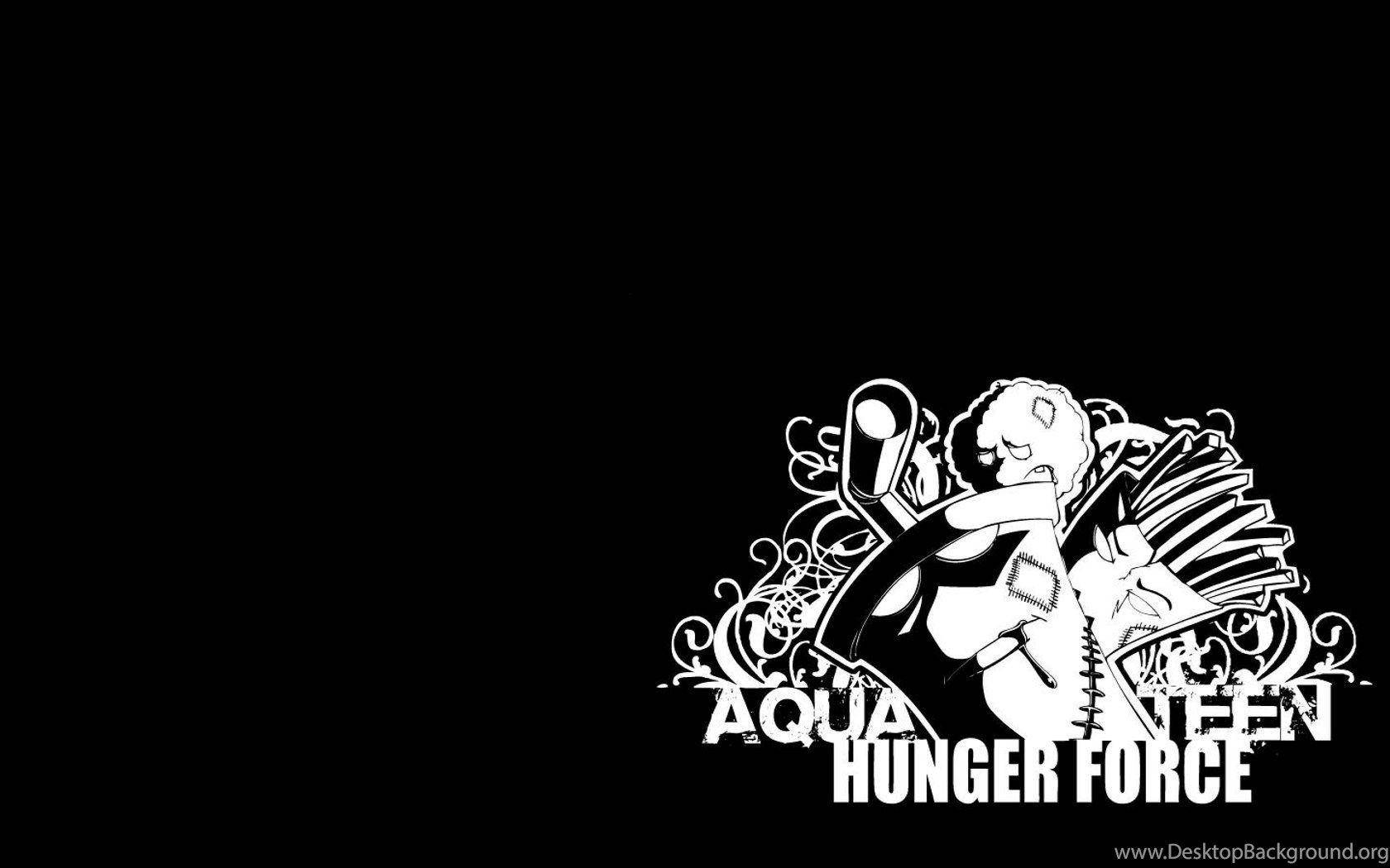 水晶少年 黑暗美學 壁紙 — 一幅鮮明的黑白插圖，描繪 Aqua Teen Hunger Force 角色在純黑色背景上。