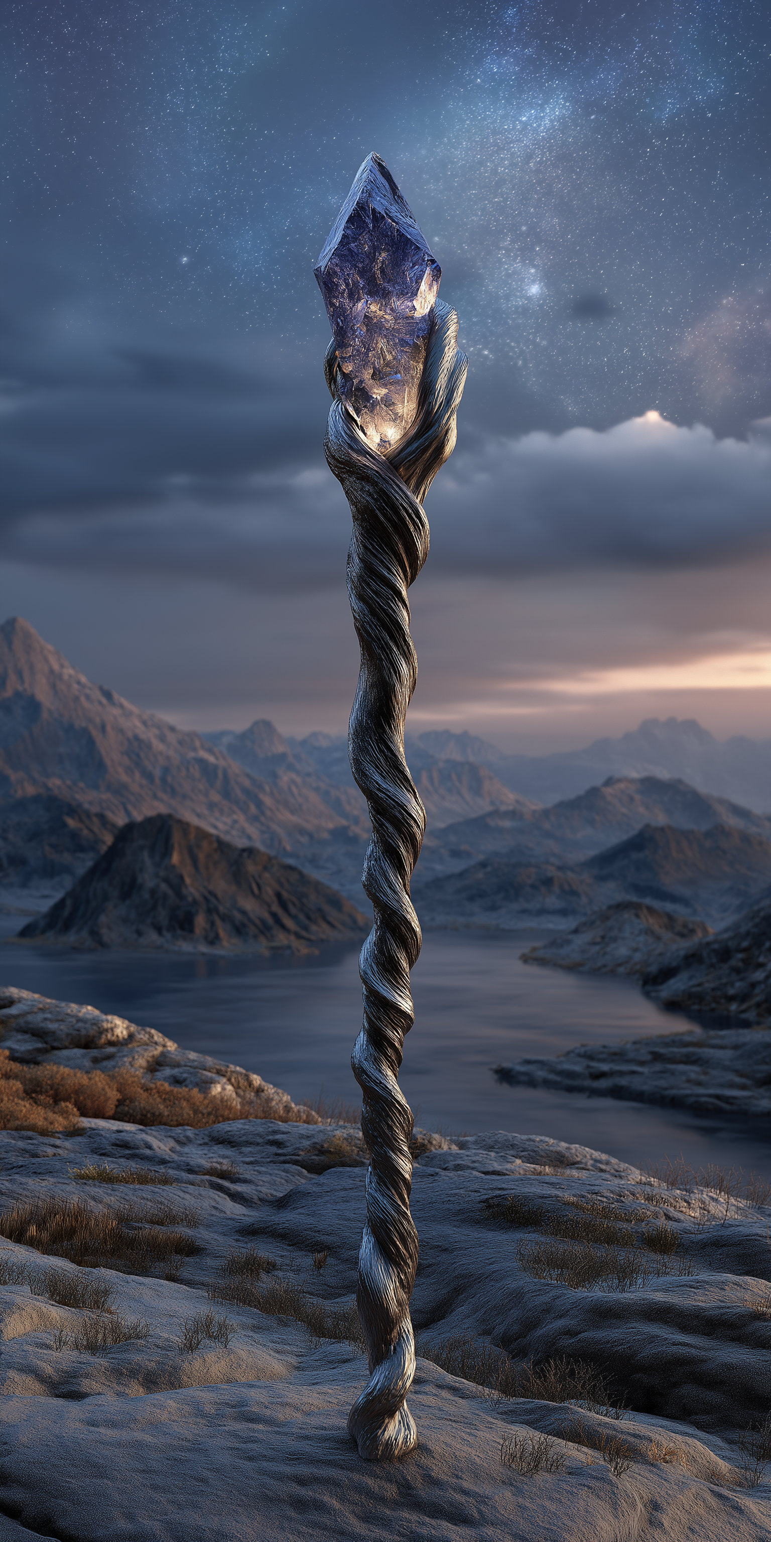 水晶尖端魔法法杖 壁紙 — 一根頂端帶有發光水晶的法杖高高聳立在岩石懸崖上，俯瞰著星空暮色下的山間湖泊。
