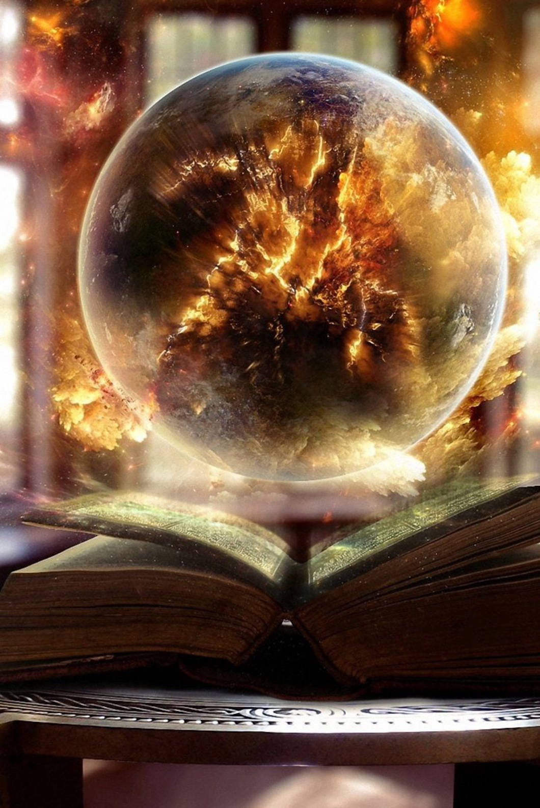 一顆熾熱行星懸浮在窗邊木桌上打開的書本上方。