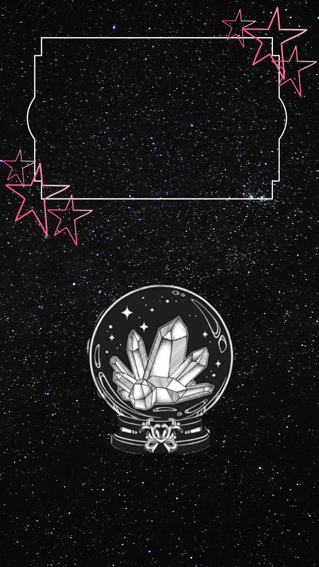 水晶球巫女風格 壁紙 — 一個帶有幾何晶體的水晶球放置在星光宇宙背景上，並以粉紅色輪廓星星框住。
