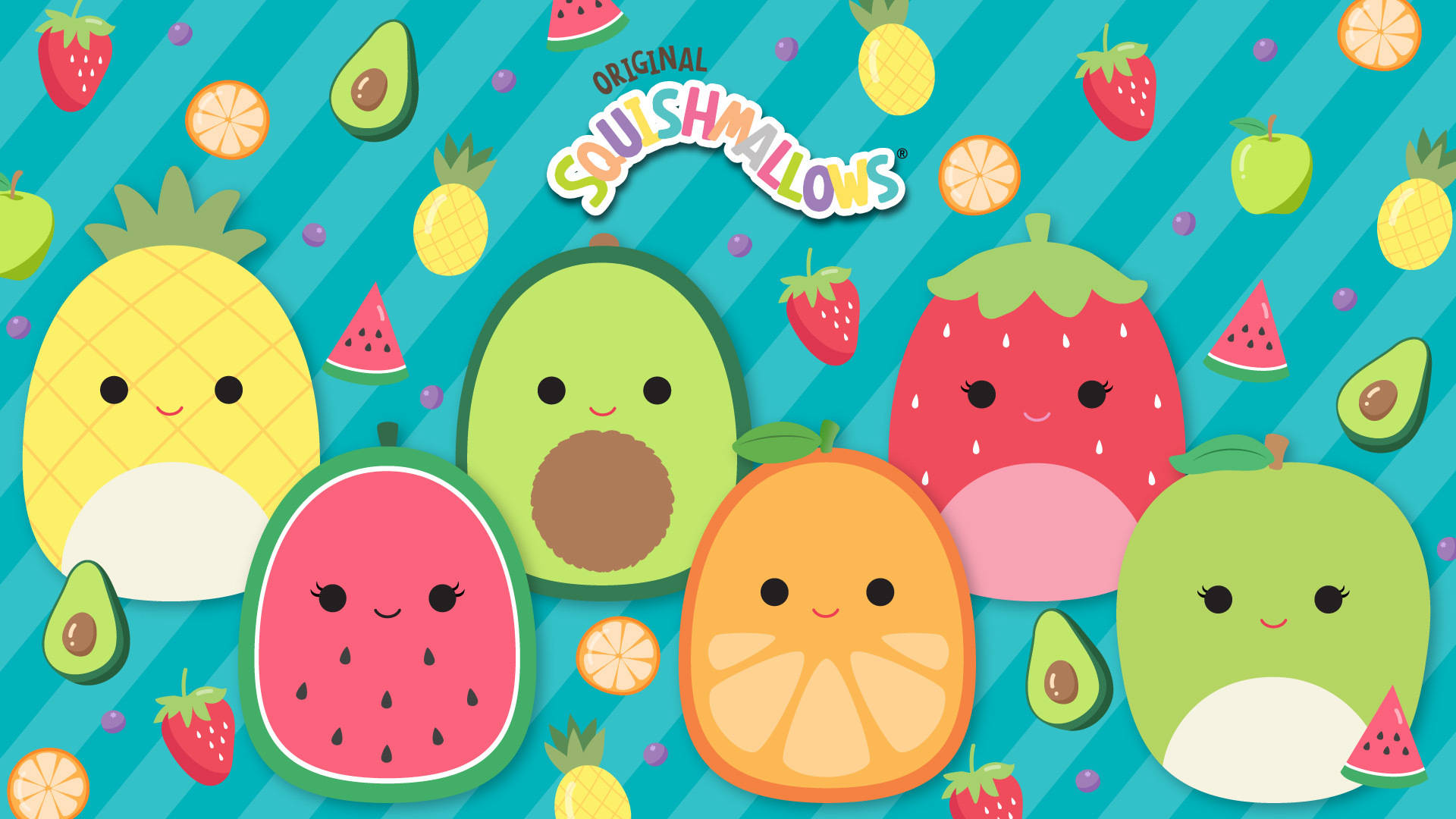 水果Squishmallows粉絲藝術 壁紙 — 可愛的卡通水果角色帶著笑臉，漂浮在散落的真實水果片之間，背景是青綠色條紋。