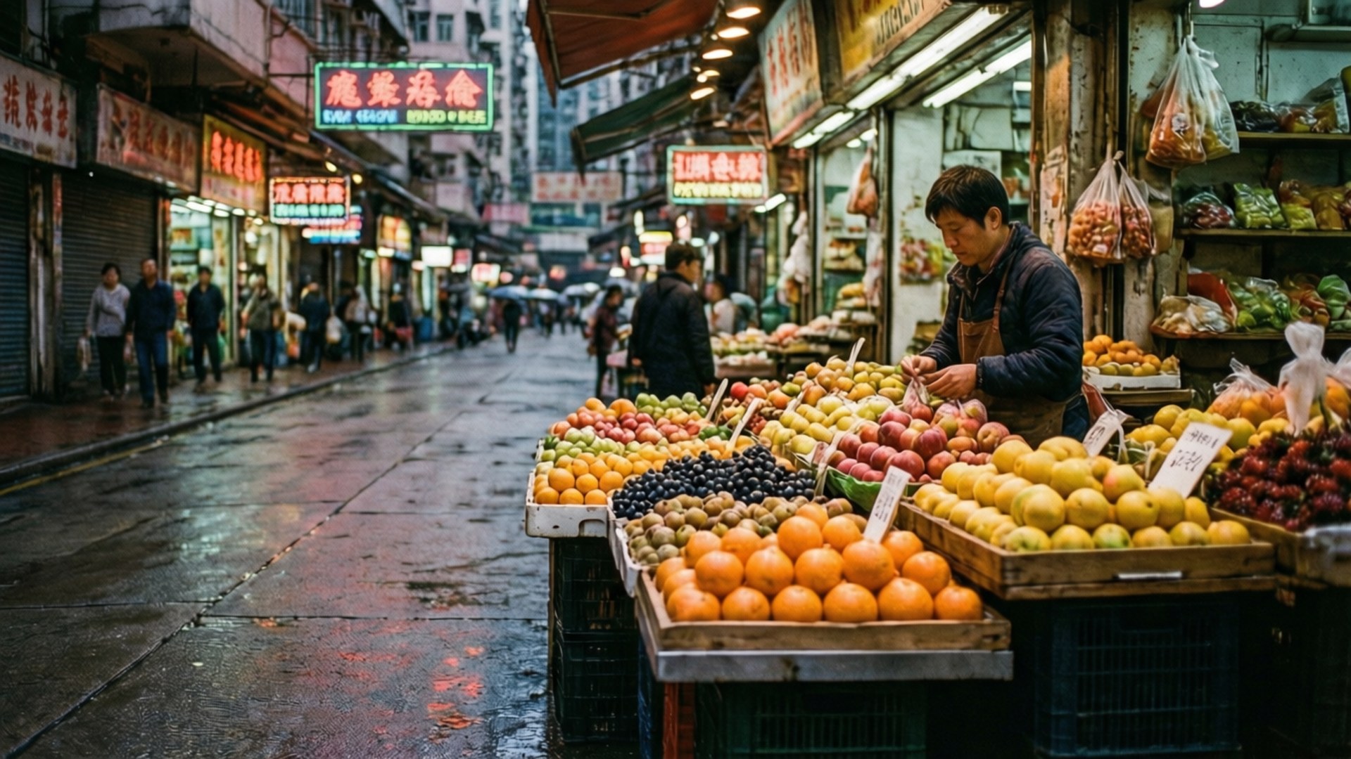 水果攤魅力 壁紙 — 夜晚濕漉漉的街市，充滿鮮豔的霓虹招牌，小販在溫暖燈光下擺放色彩繽紛的水果。