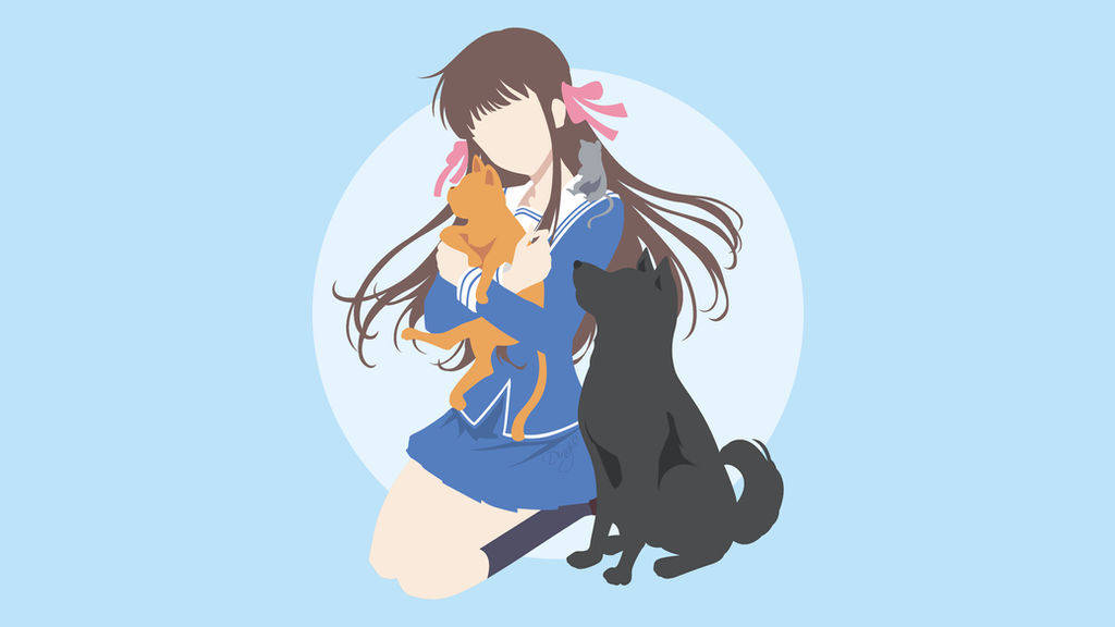 藍色校服女孩抱著橙色貓，旁邊有黑色狗。