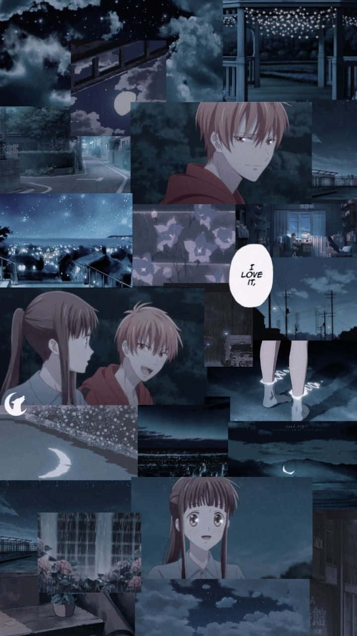 動漫角色和帶有月亮及燈串的夜景。