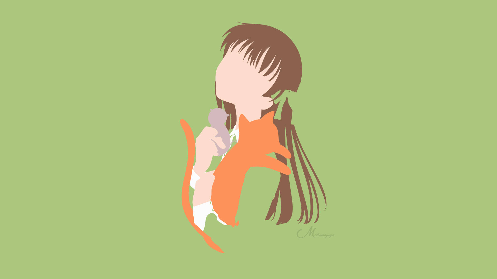 動漫女孩在綠色背景上以極簡風格抱著橙色狐狸