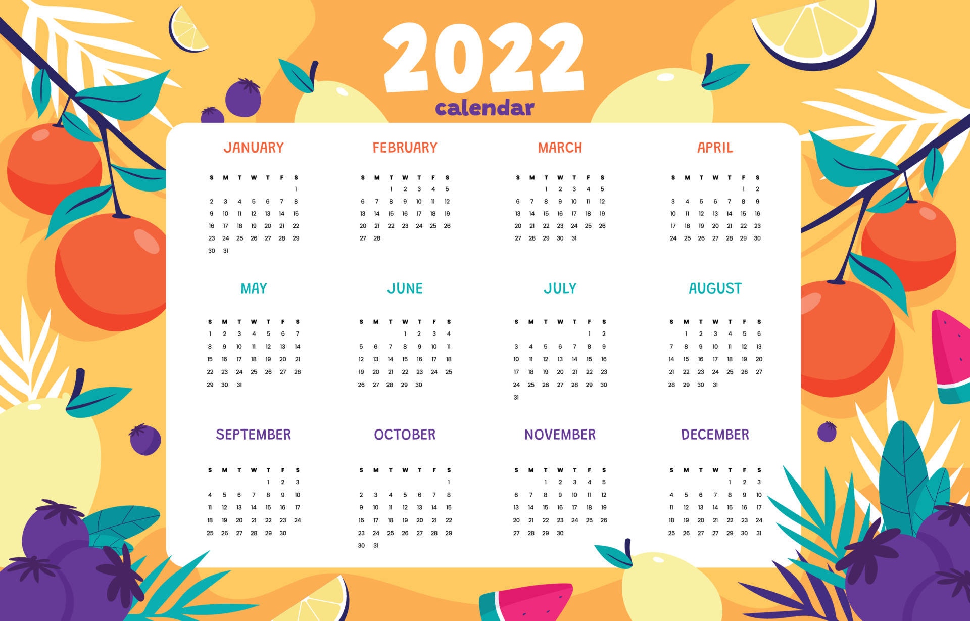 水果風2022日曆 壁紙 — 充滿活力的2022年月曆，周圍環繞著熱帶水果和葉子，背景為溫暖的橙色。