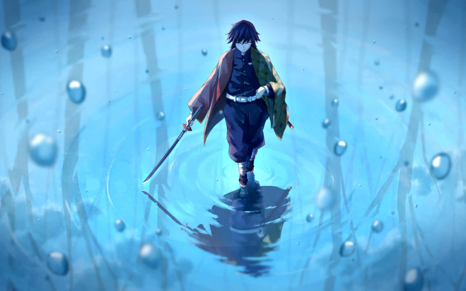 武士戰士在藍色森林環境中涉水，手持劍和氣泡。