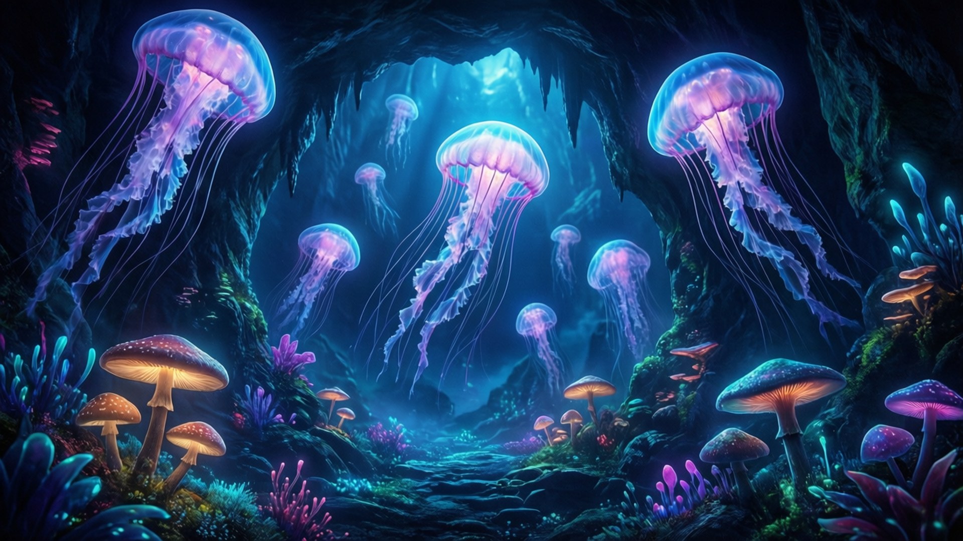 發光水母喺黑暗洞穴中漂浮，有發光蘑菇同珊瑚。