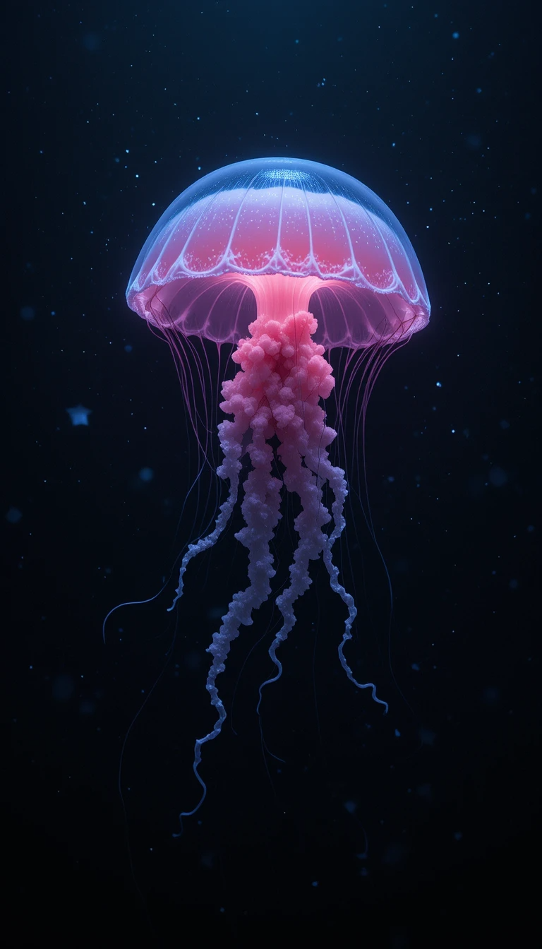 水母美學壁紙 壁紙 — 一隻發光的粉藍色水母在繁星點點的黑暗海洋中寧靜地漂浮，帶有精緻的拖曳觸手。