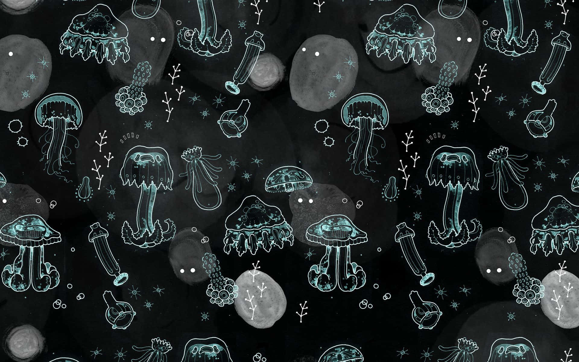藍綠色發光的水母和海洋生物漂浮在黑暗且充滿氣泡的水下場景中。