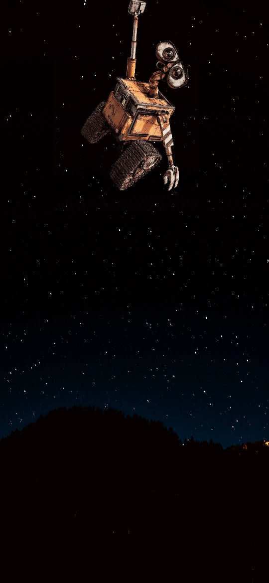 Wall-E 漂浮在森林輪廓上方的繁星夜空