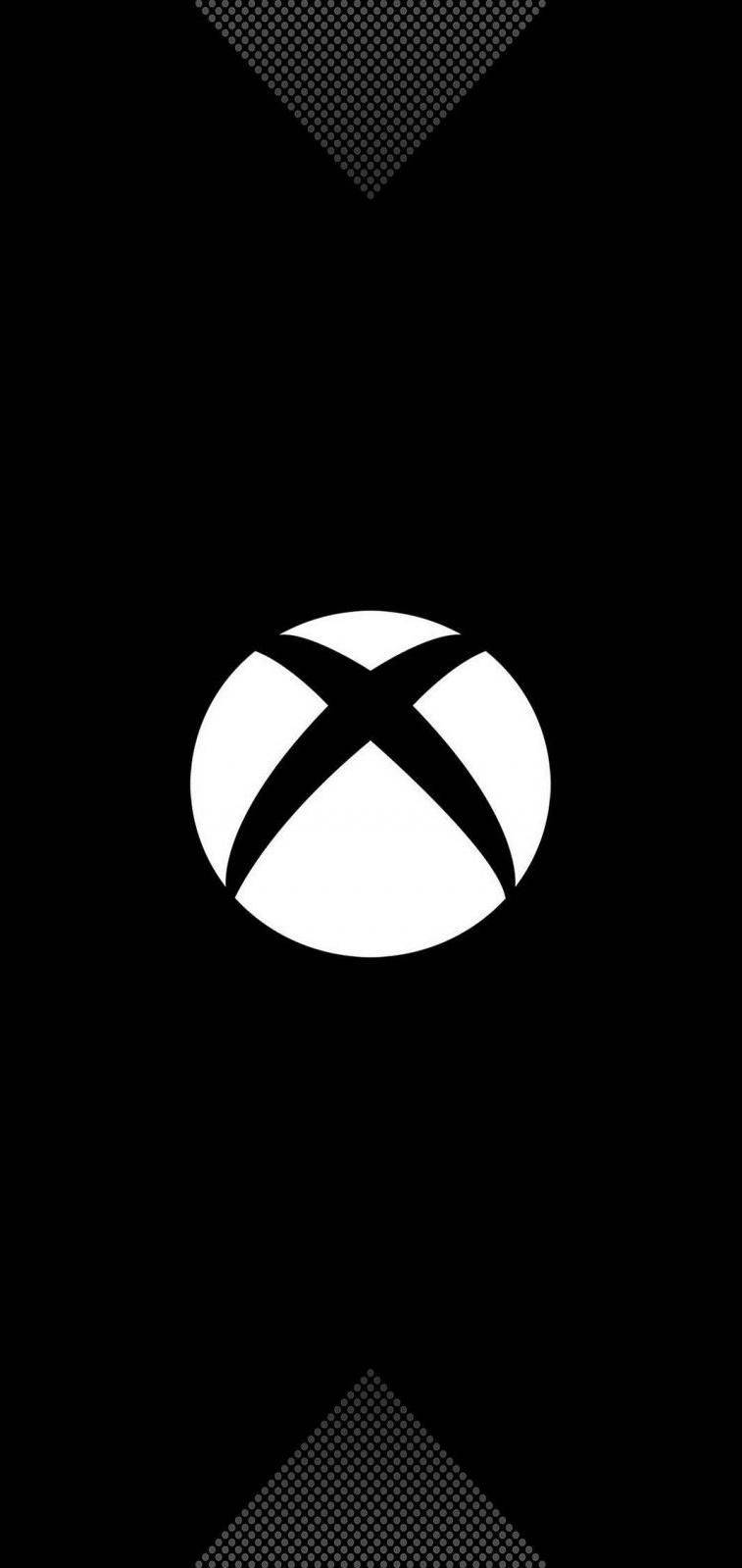 黑色背景上的 Xbox 標誌，頂部和底部有半色調三角形圖案。
