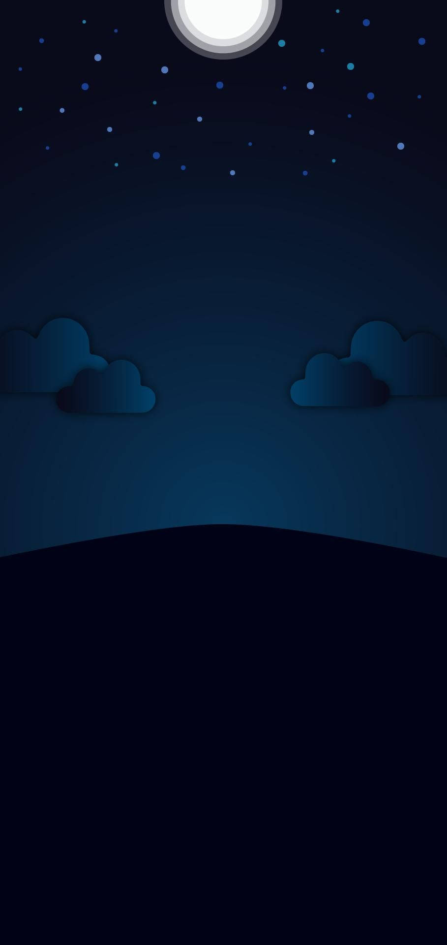 夜空，滿月和星星在雲層和黑暗地平線之上。
