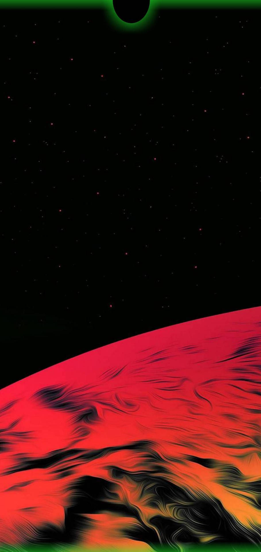 一個紅色行星，在星空下帶有旋轉的雲層和一顆發光的綠色衛星。