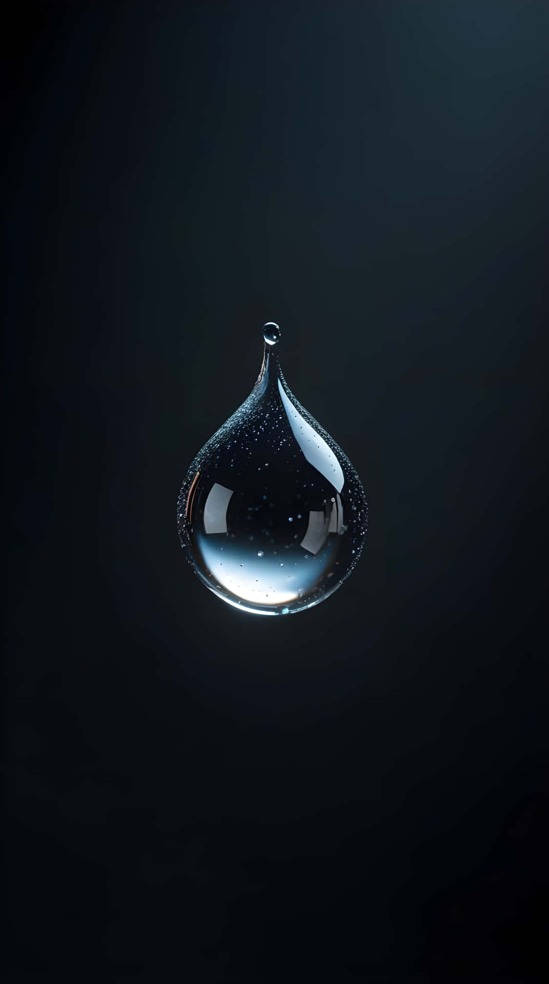 一顆清澈的水滴懸掛在黑暗空間中，反射星星和光線