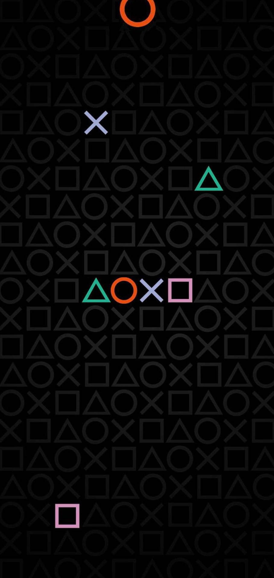 PlayStation控制器按鈕漂浮在深色幾何圖案上。