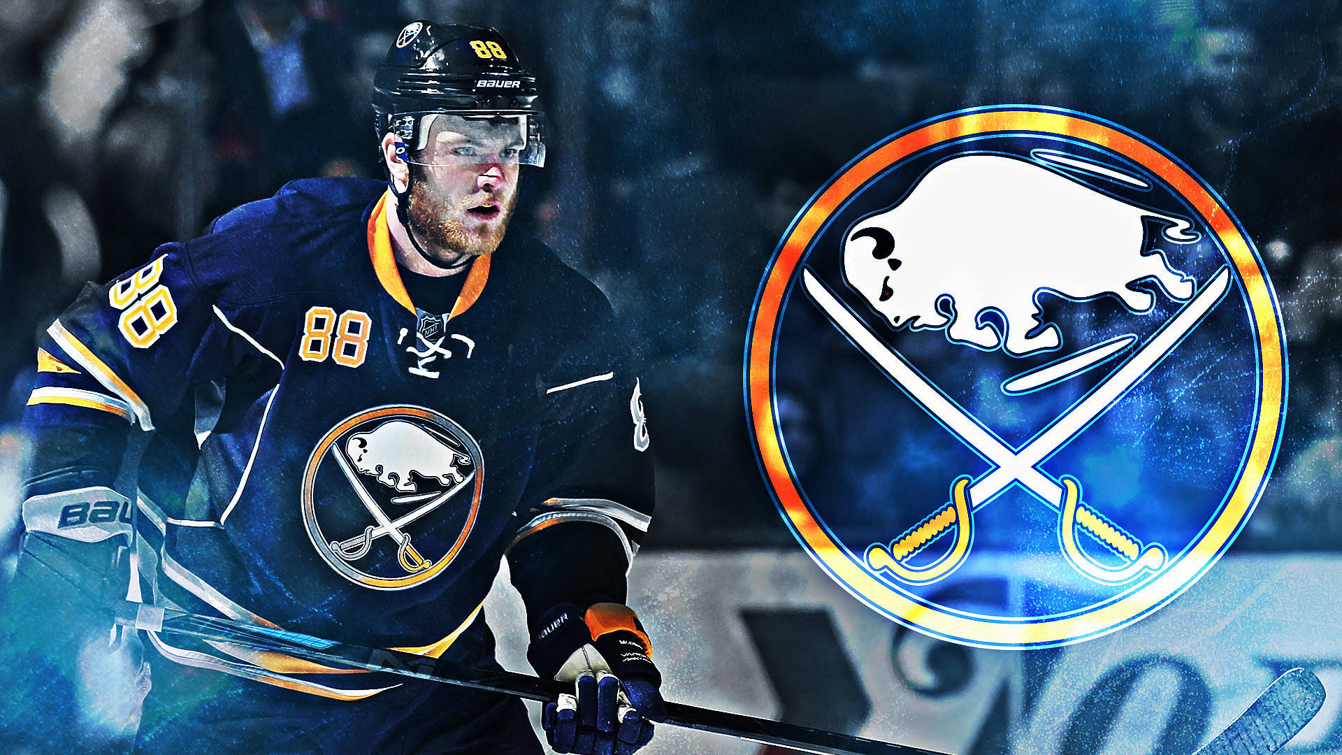 水牛城 Sabres 球員 Cory Conacher 壁紙 — 穿著水牛城軍刀隊球衣的冰球運動員在比賽中高度專注，球隊標誌在他旁邊發光。
