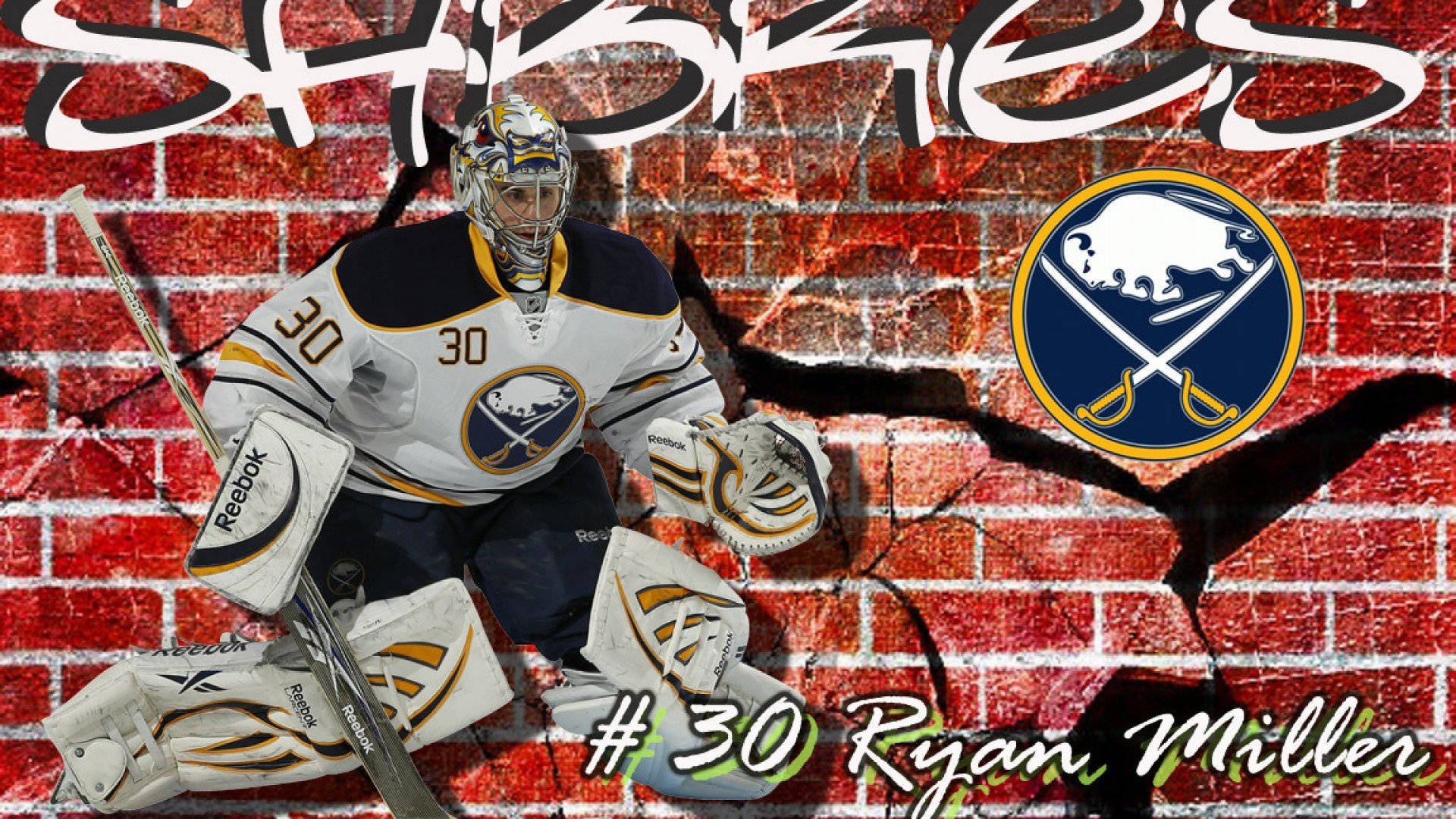 水牛城 Sabres 鐵壁磚牆浮雕 壁紙 — 冰球守門員 Ryan Miller 全副裝備蹲在一個有塗鴉和球隊標誌的裂縫磚牆前。