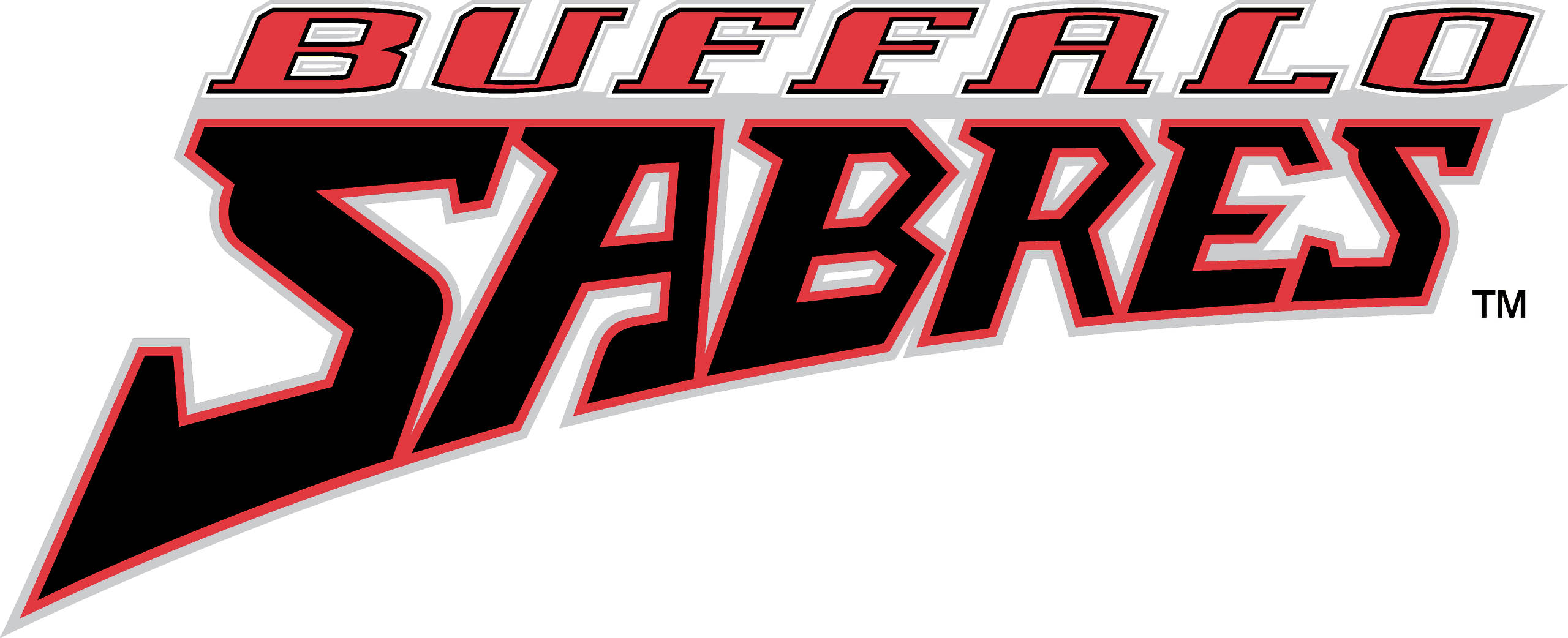 水牛城 Sabres 隊名 壁紙 — 大膽的紅黑白色水牛城軍刀隊標誌，帶有銳利的角度字體和商標符號。