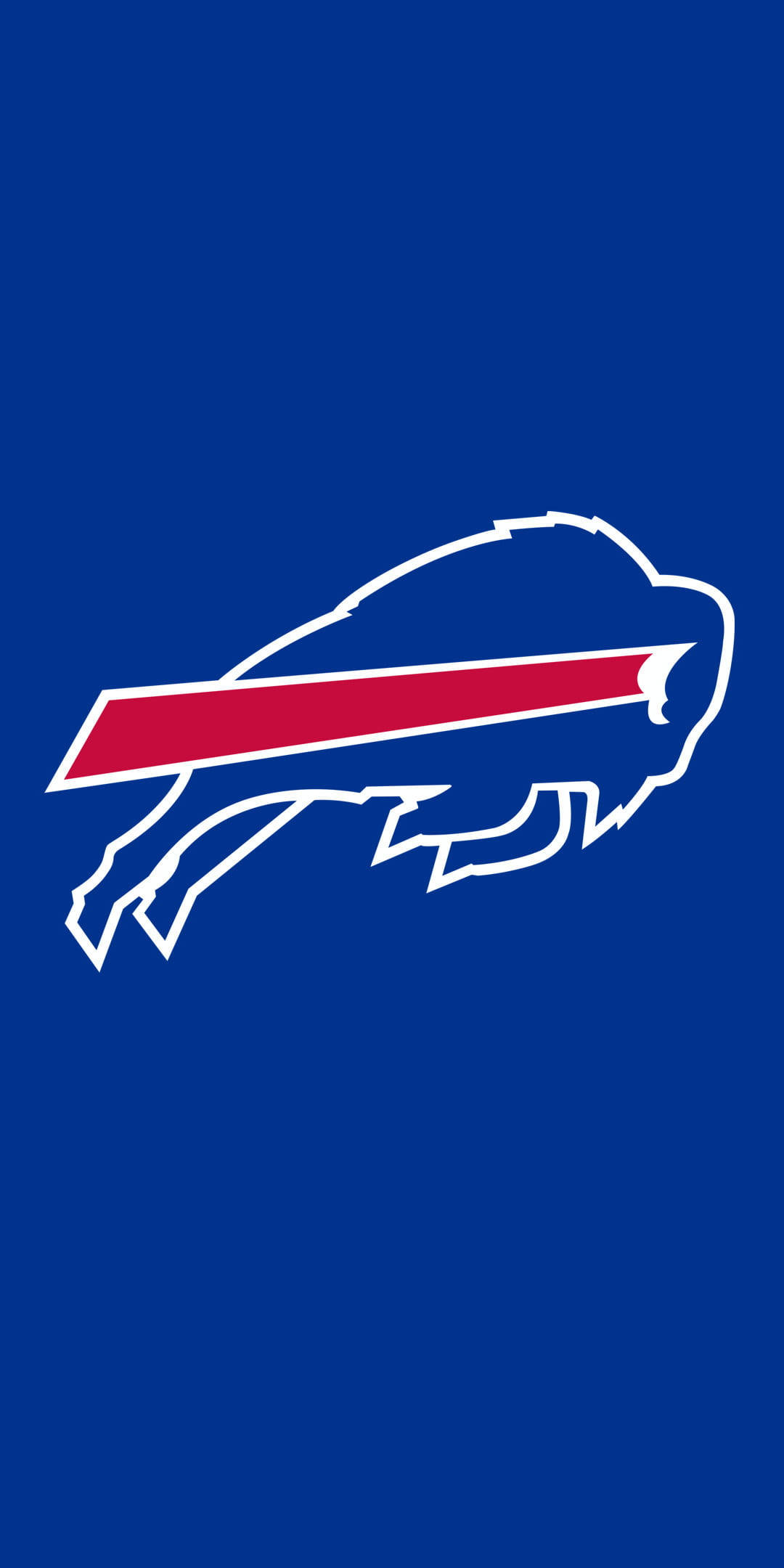 水牛城比爾隊 NFL 隊標 壁紙 — 一個大膽的白色和紅色衝鋒水牛標誌在純皇家藍色背景上脫穎而出。