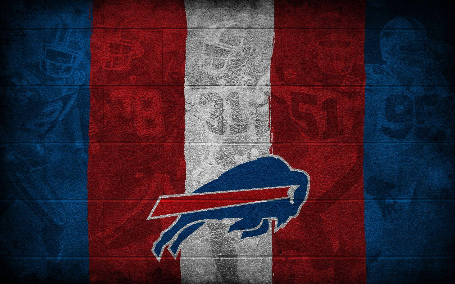 水牛城比爾隊標誌在磚牆上，帶有球員剪影和球隊顏色。