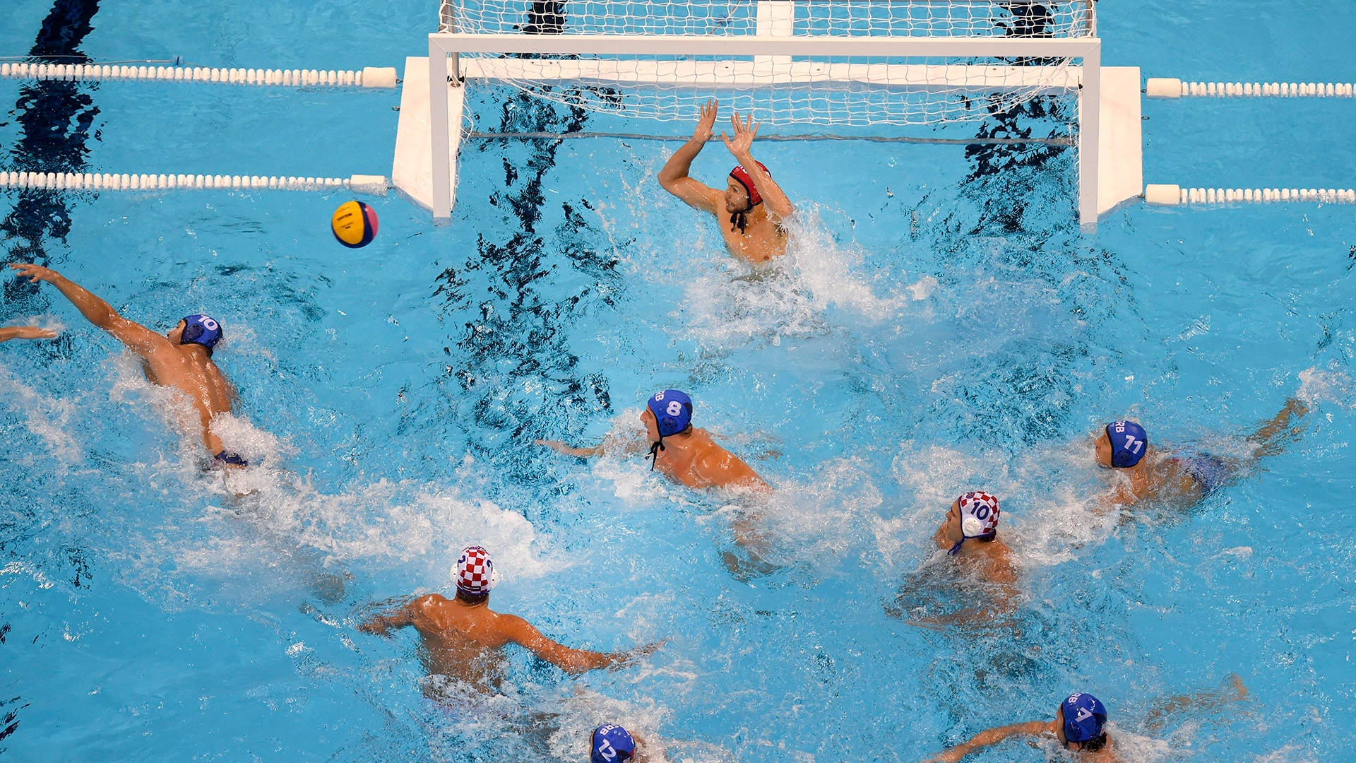 水球運動員在泳池中進行競技比賽時的動作。