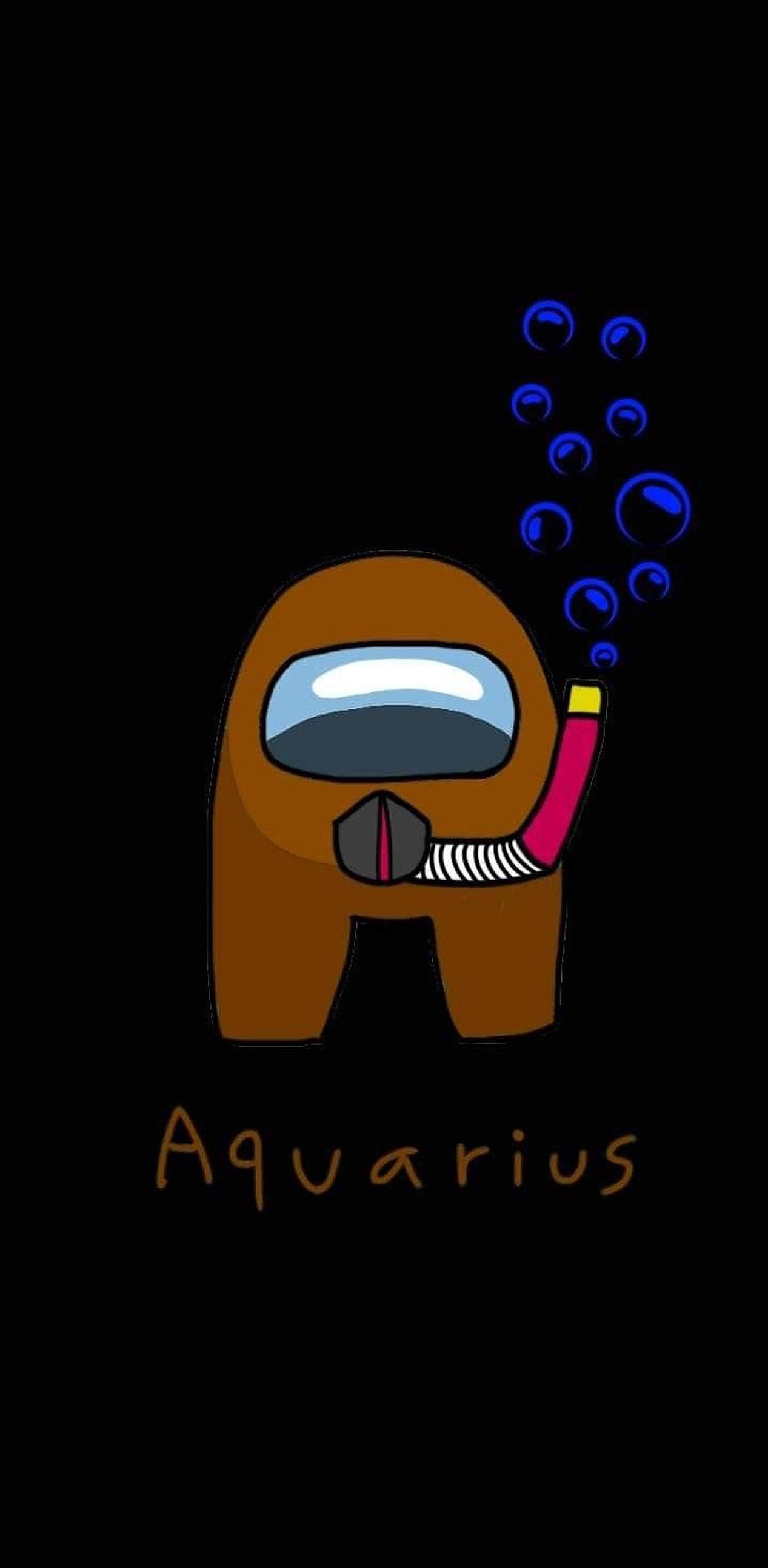 水瓶座 Among US 壁紙 — 一個帶有潛水呼吸管和藍色氣泡的棕色Among Us角色，漂浮在標有Aquarius的黑色背景上。