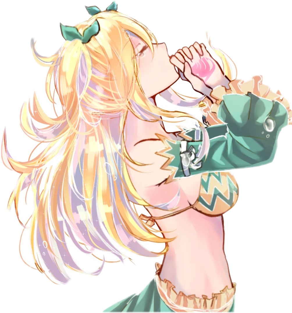 水瓶座動漫少女吹吻 壁紙 — 金髮綠蝴蝶結的動漫女孩，從柔和粉彩色的發光粉紅色杯子中飲用。