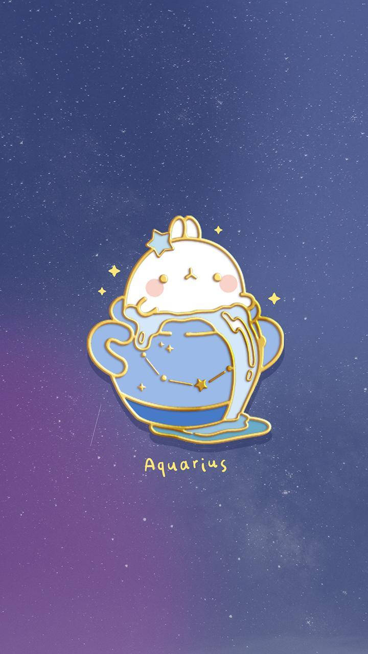 水瓶座卡通角色 壁紙 — 一隻可愛的白兔，帶有金色輪廓，在繁星點點的紫色夜空下拿著一個藍色水壺。