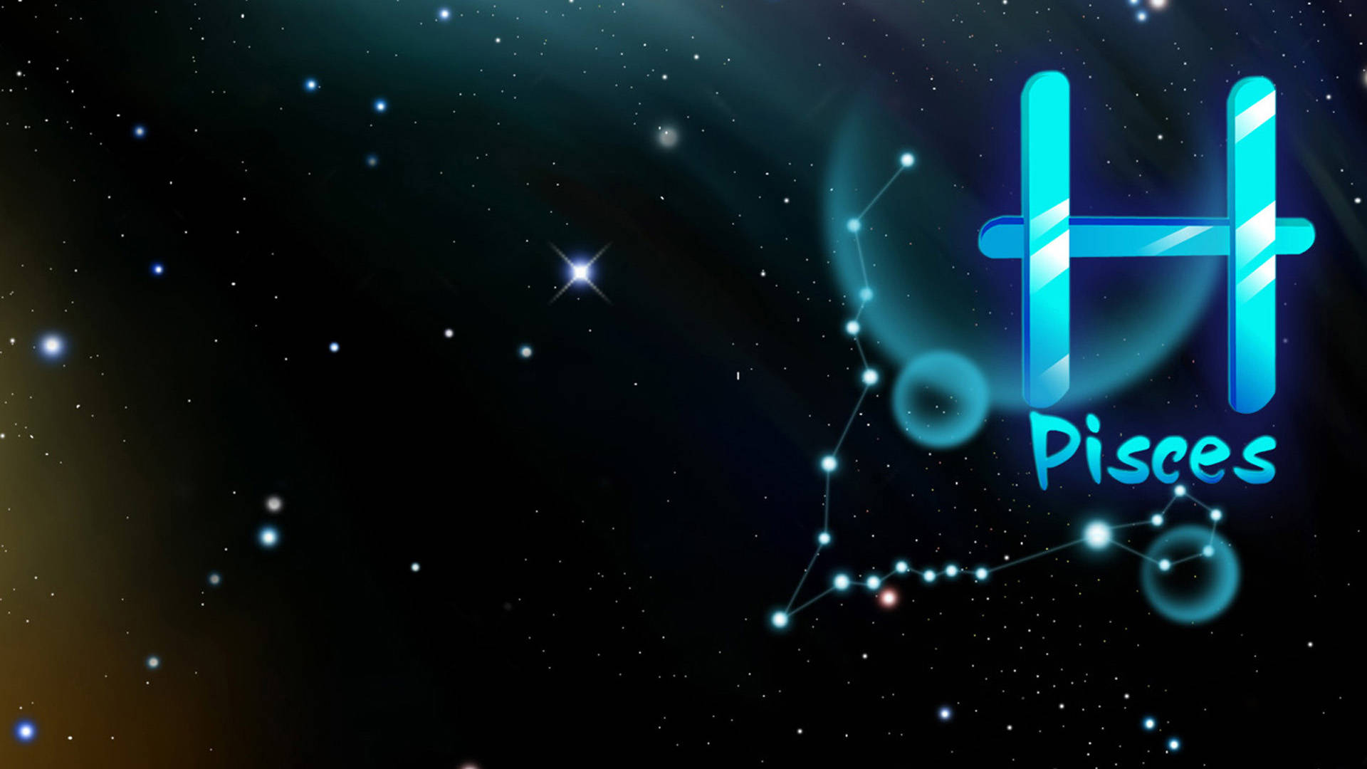 水瓶座夜空星座與符號 壁紙 — 一個發光的藍色雙魚座星座符號在繁星點點的宇宙夜空中閃耀，帶有耀眼的光效。