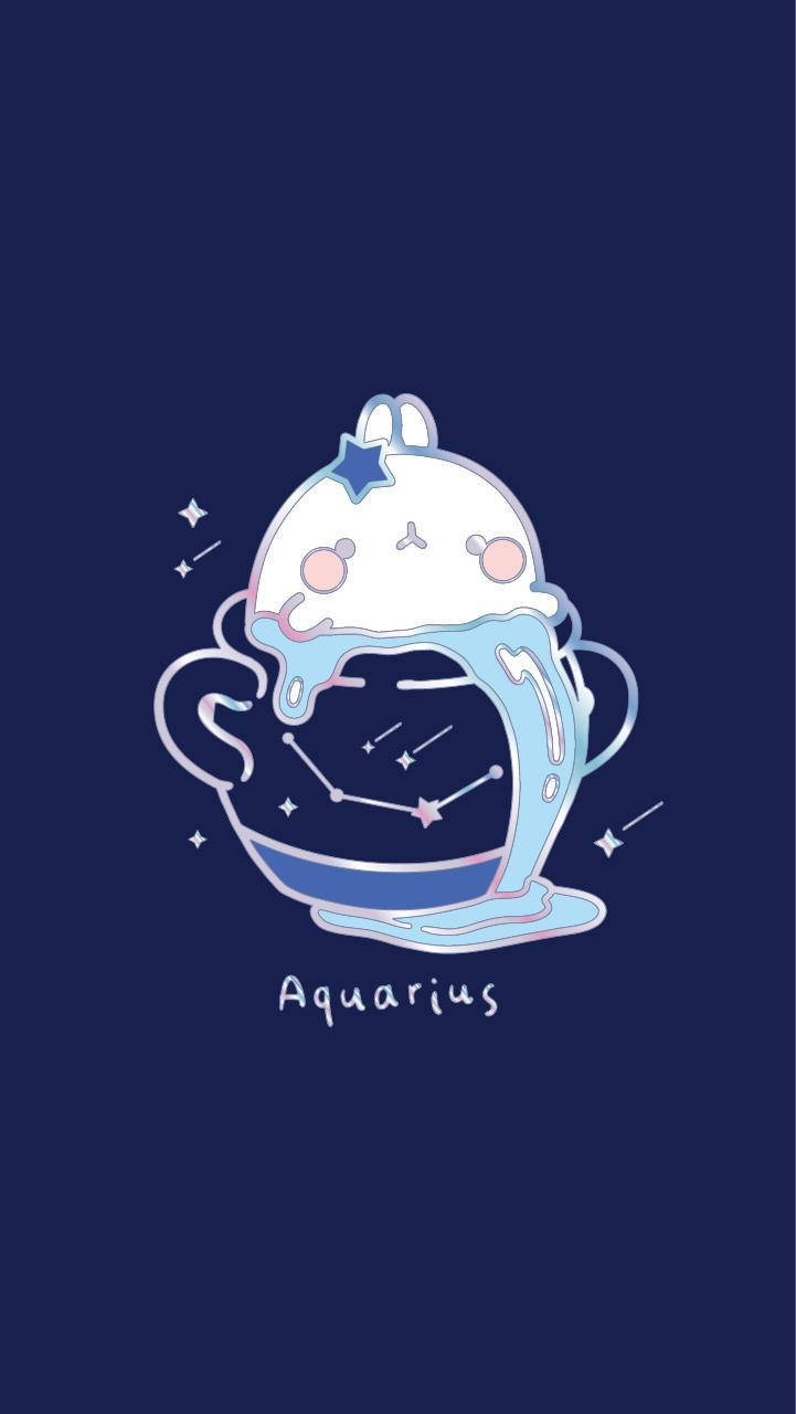 水瓶座數位藝術 壁紙 — 一個可愛的卡通水滴角色，體內有星群星座，背景為深藍色。
