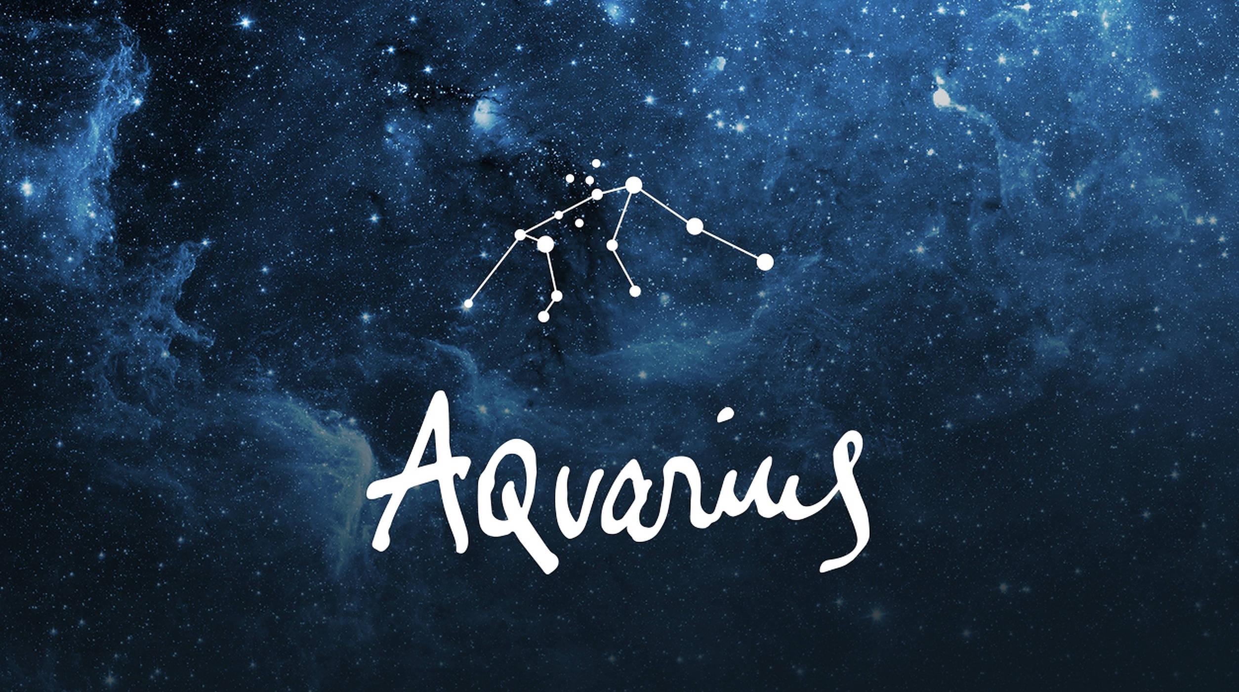水瓶座星夜 壁紙 — 水瓶座在深藍色星雲中閃耀，下方書寫著「Aquarius」字樣。